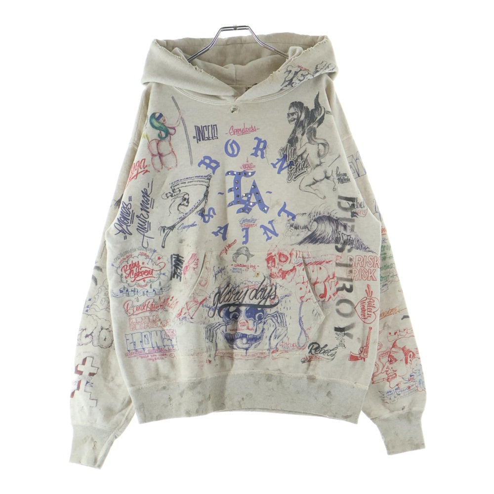 SAINT MICHAEL(セントマイケル) 24SS×BORN RAISED BR HOODIE LA ボーンレイズド グラフィックプリント スタッズ装飾 プルオーバースウェットパーカー フーディー マルチ SM-YS8-0000-C11