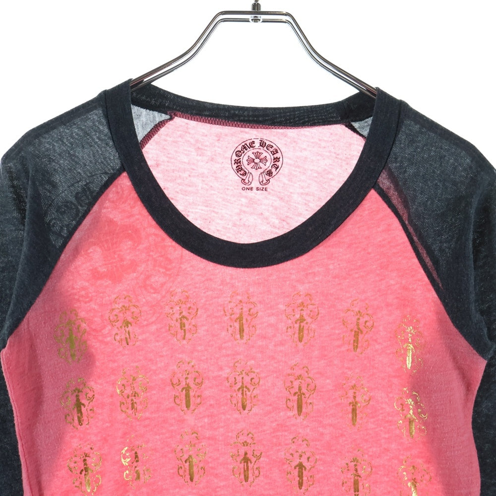 CHROME HEARTS(クロムハーツ) OLD DAGGER PRINT ダガーフロントプリント ラグランスリーブ 七分袖Tシャツ カットソー キッズ ピンク/グレー