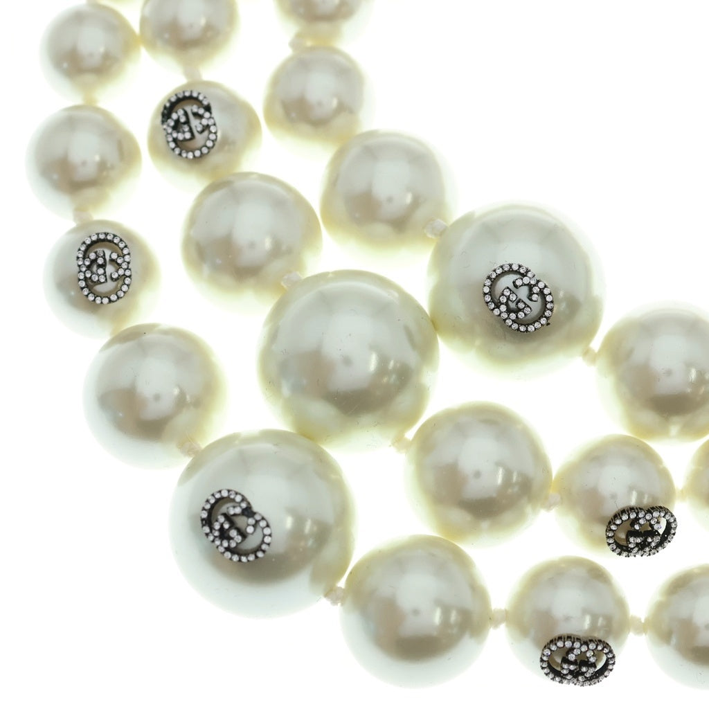 GUCCI(グッチ) 19AW Pearl Necklace 3連パールネックレス クロージャー付き インターロッキング カラーストーン フェイクパール ラインストーン ホワイト/レッド