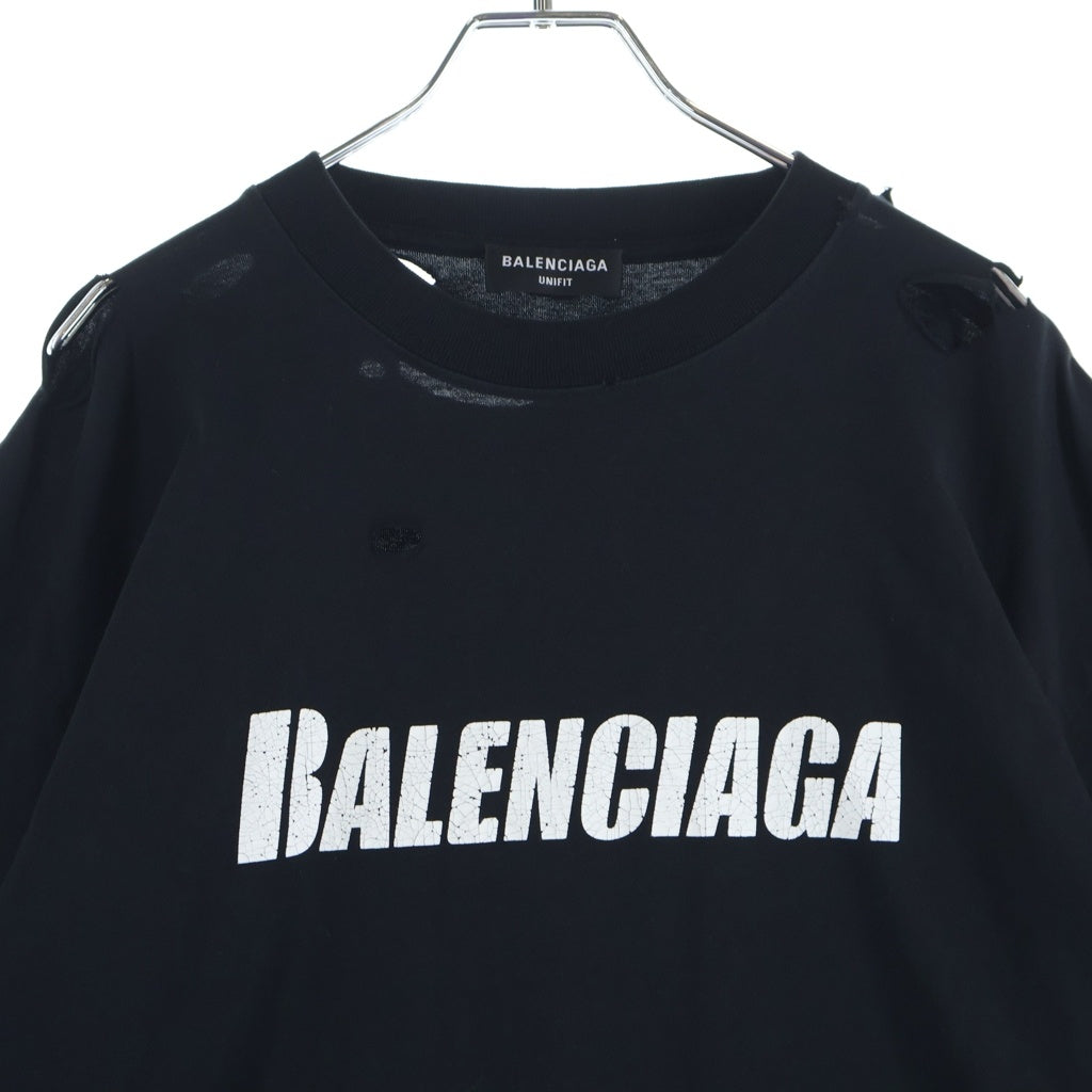 BALENCIAGA(バレンシアガ) DESTOROYED LOGO OVERSIZED T-SHIRT 半袖 クルーネック Tシャツ ブラック 651795 TKVB8
