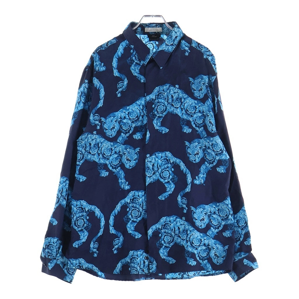 VERSACE COLLECTION(ヴェルサーチコレクション) ヒョウ柄 シルク 長袖シャツ ネイビー/ブルー V300099