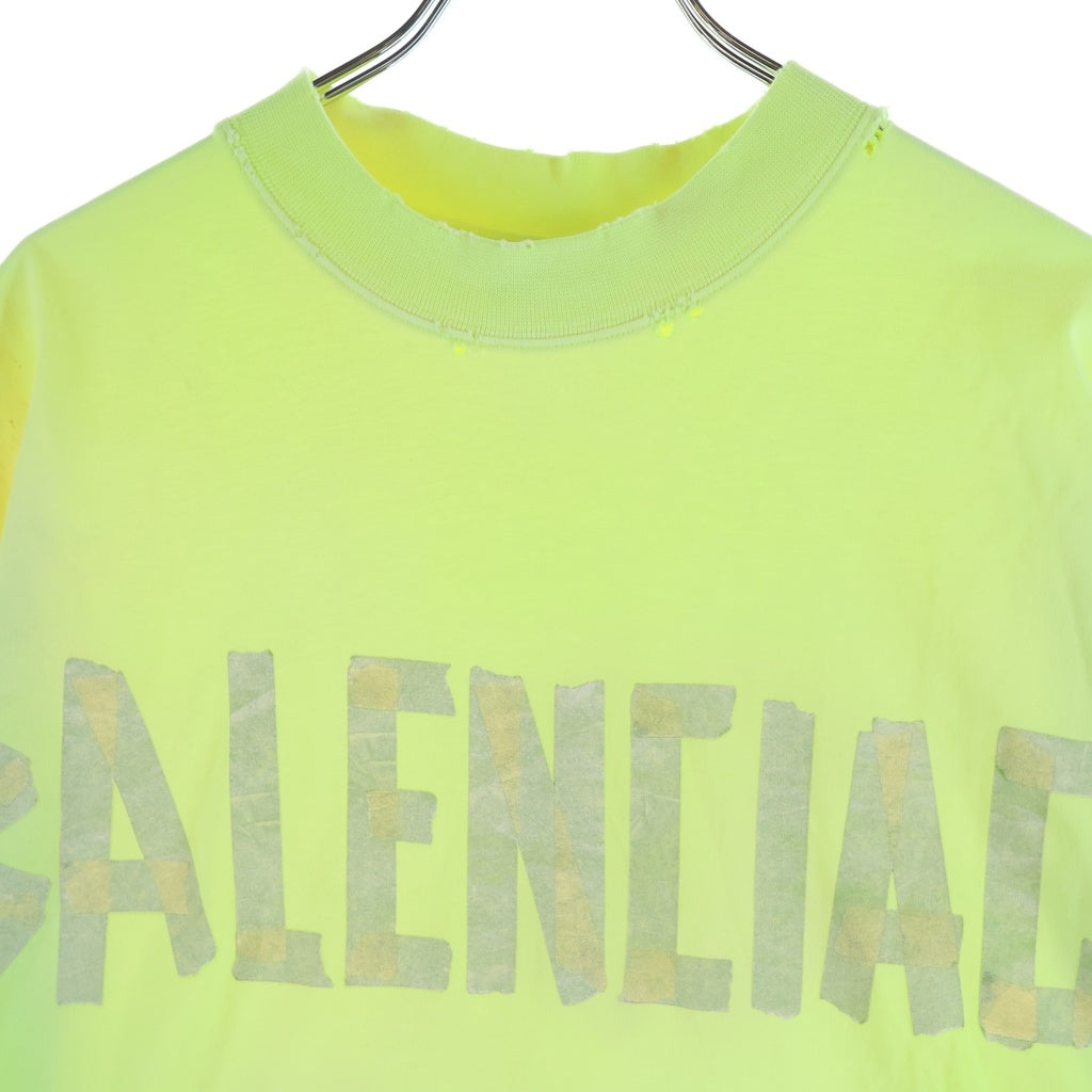BALENCIAGA(バレンシアガ) デストロイ加工 テープロゴ クルーネック半袖Tシャツ カットソー イエロー 739784 T0VA9