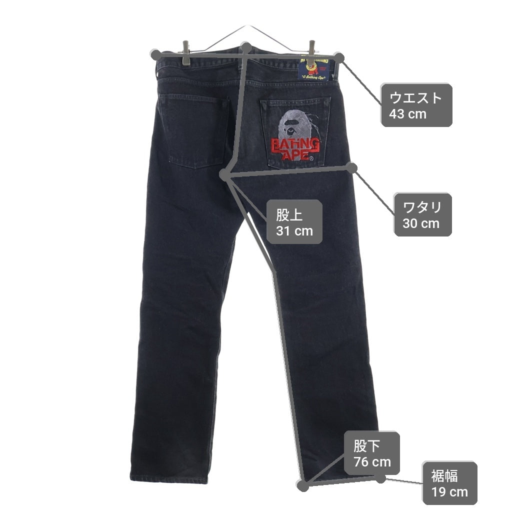 A BATHING APE(アベイシングエイプ) サル ロゴ刺繍 ストレートデニムパンツ ブラック