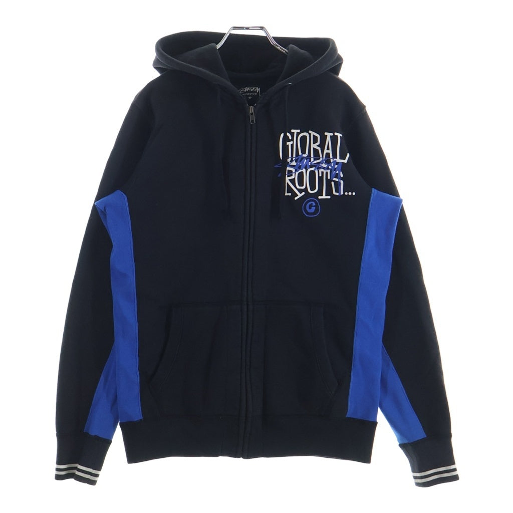 STUSSY(ステューシー) 00S GLOBAL ROOTS 金タグ フロントプリント ジップアップパーカー フーディー ブラック/ブルー -