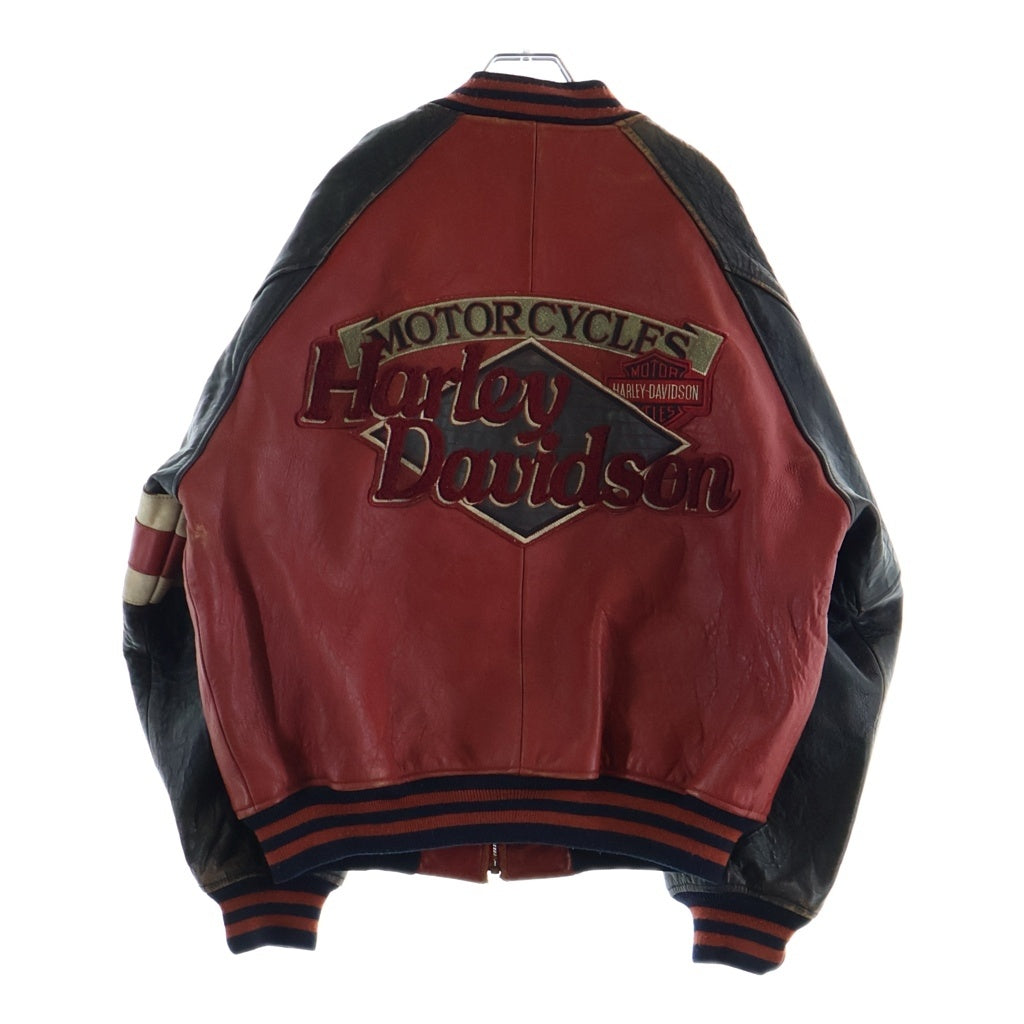 HARLEY DAVIDSON(ハーレーダビッドソン) レザー ジップアップ スタジアムジャケット 刺繍シールドロゴ スタジャン レッド
