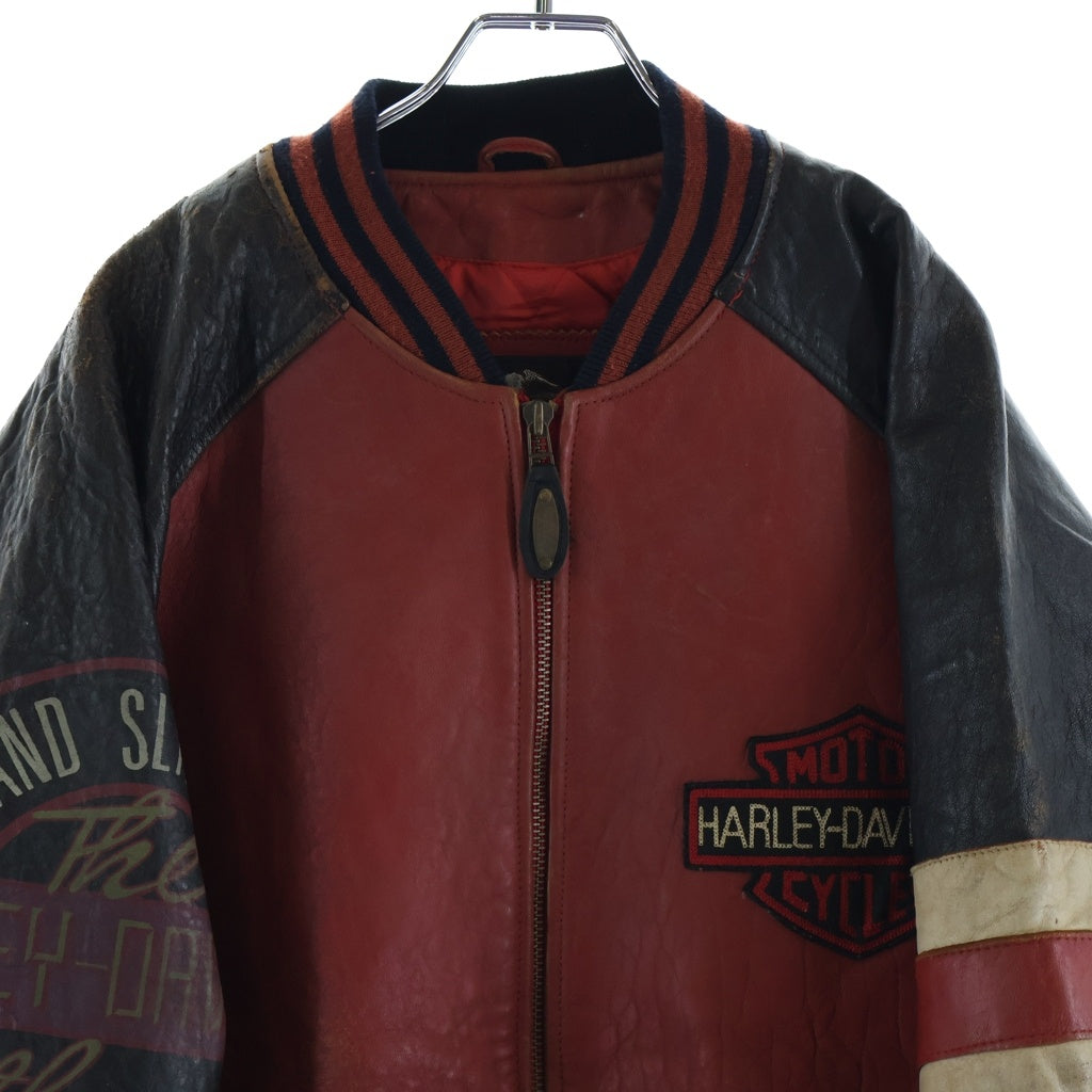 HARLEY DAVIDSON(ハーレーダビッドソン) レザー ジップアップ スタジアムジャケット 刺繍シールドロゴ スタジャン レッド