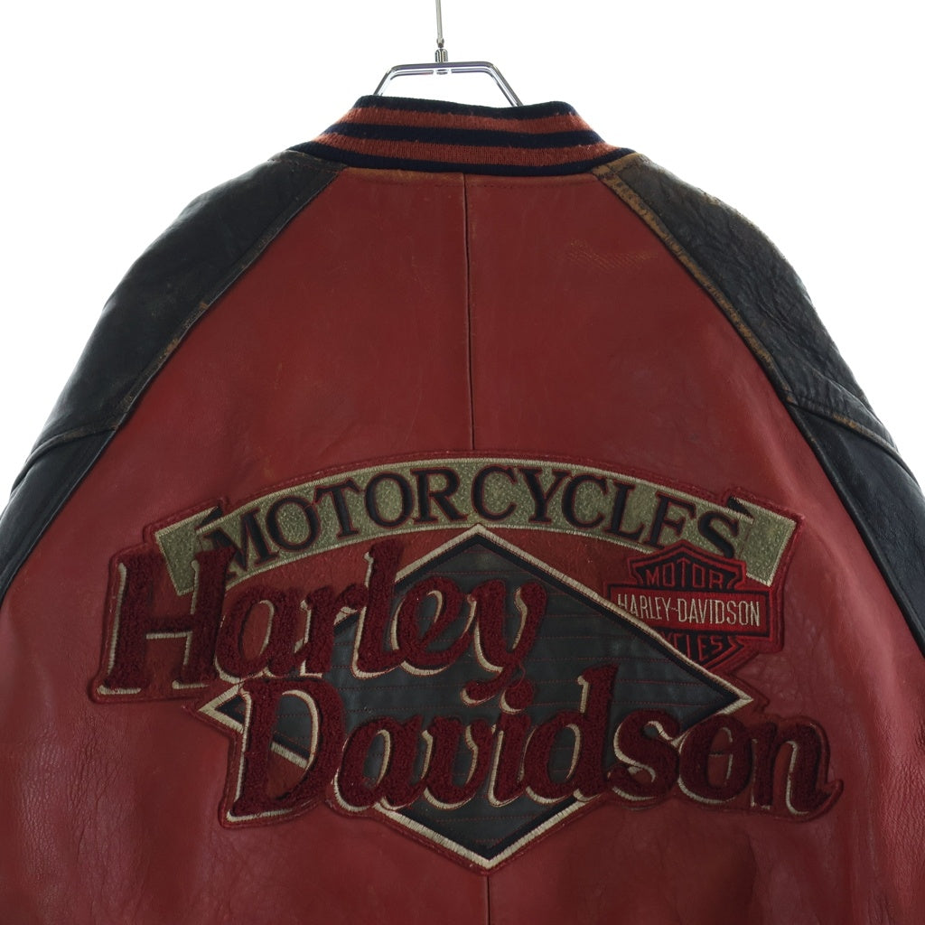 HARLEY DAVIDSON(ハーレーダビッドソン) レザー ジップアップ スタジアムジャケット 刺繍シールドロゴ スタジャン レッド