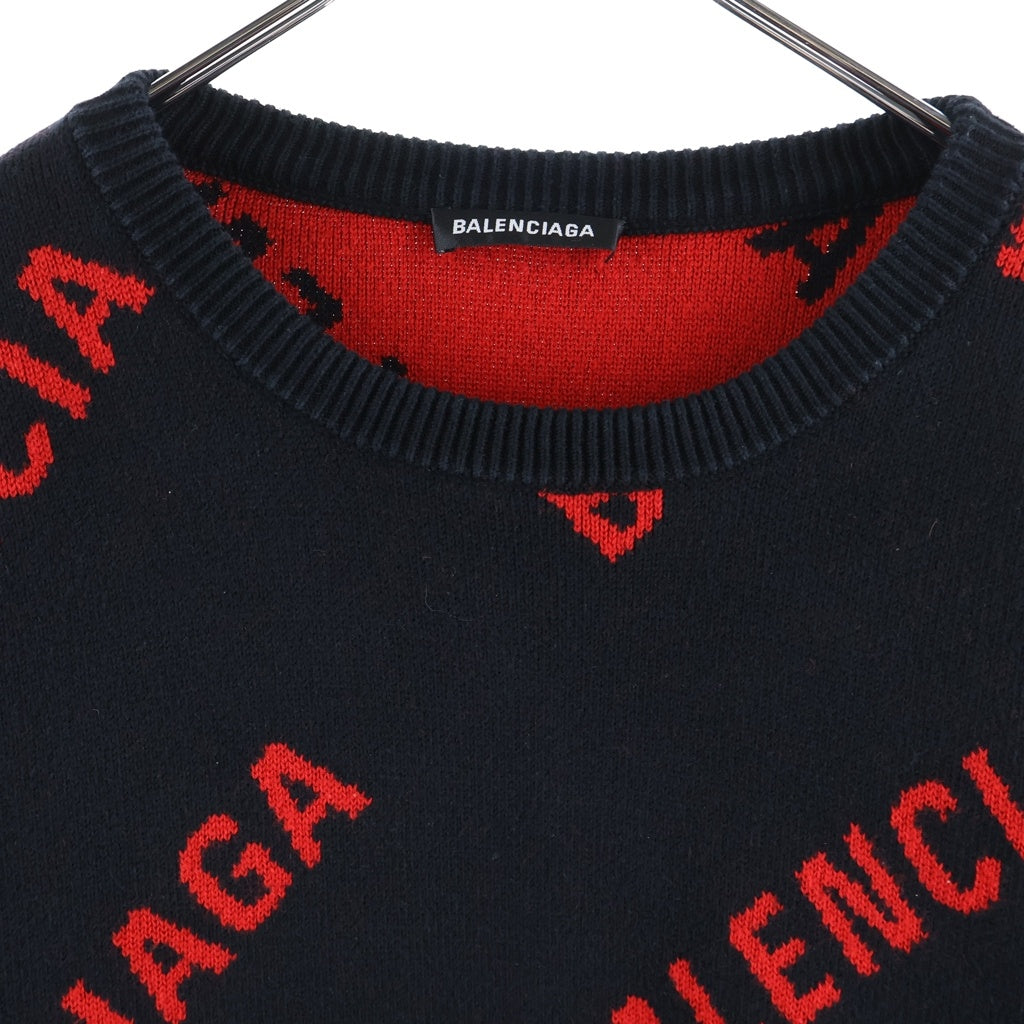 BALENCIAGA(バレンシアガ) 20AW ALLOVER LOGO CREWNECK KNIT オーバーサイズ ロゴニット クルーネックセーター ブラック/レッド 625970 T3178