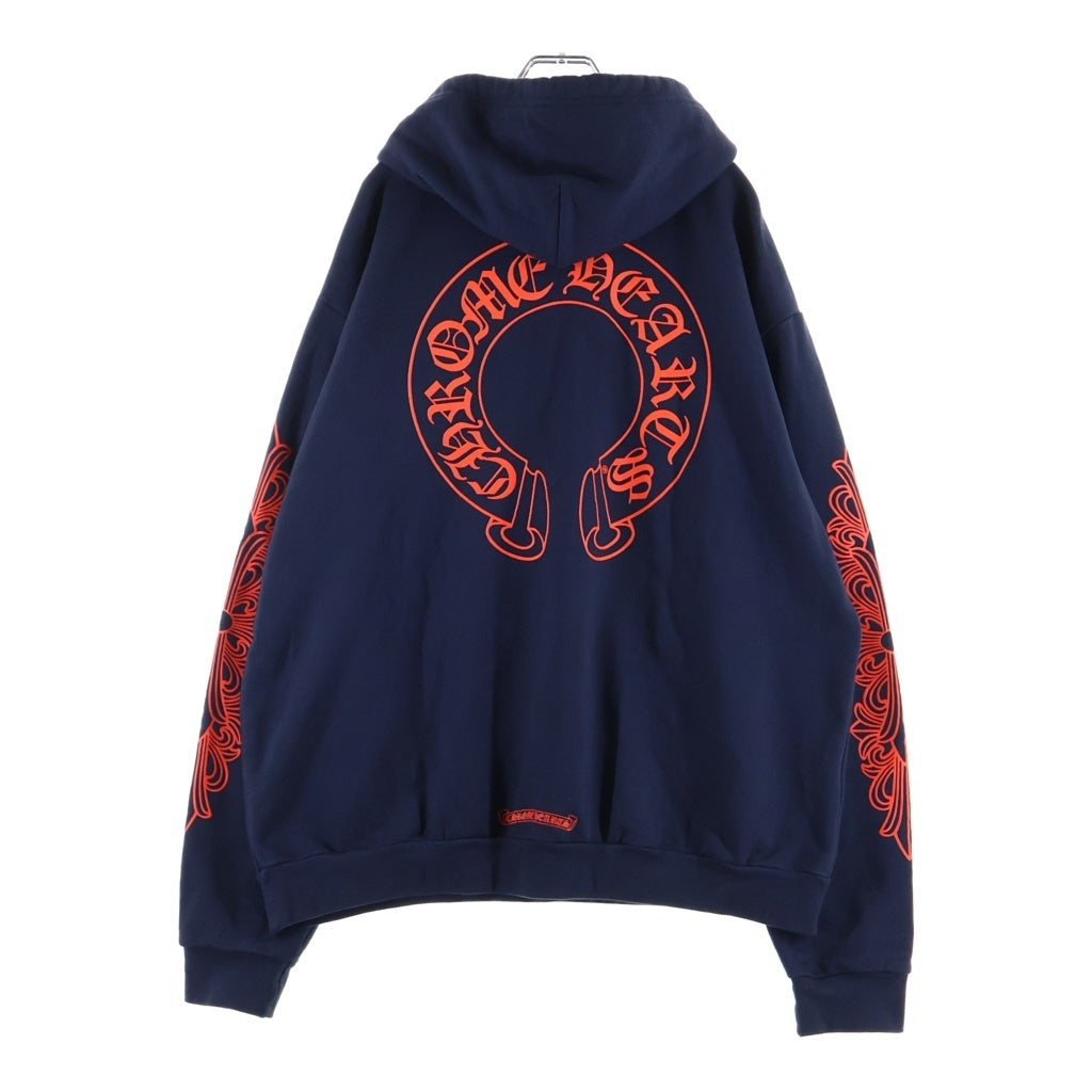 CHROME HEARTS(クロムハーツ) SWTSHRT HD PLVR バックホースシュー袖フローラルプリント プルオーバーパーカー フーディ ネイビー/レッド