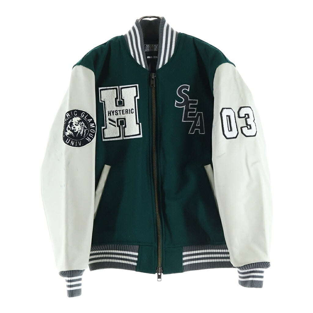 WIND AND SEA(ウィンダンシー) 21AW×HYSTERIC GLAMOUR TEAM STADIUM JACKET スタジャン バーシティジャケット アームレザー切替 グリーン/ホワイト WDS-HYS-3-01