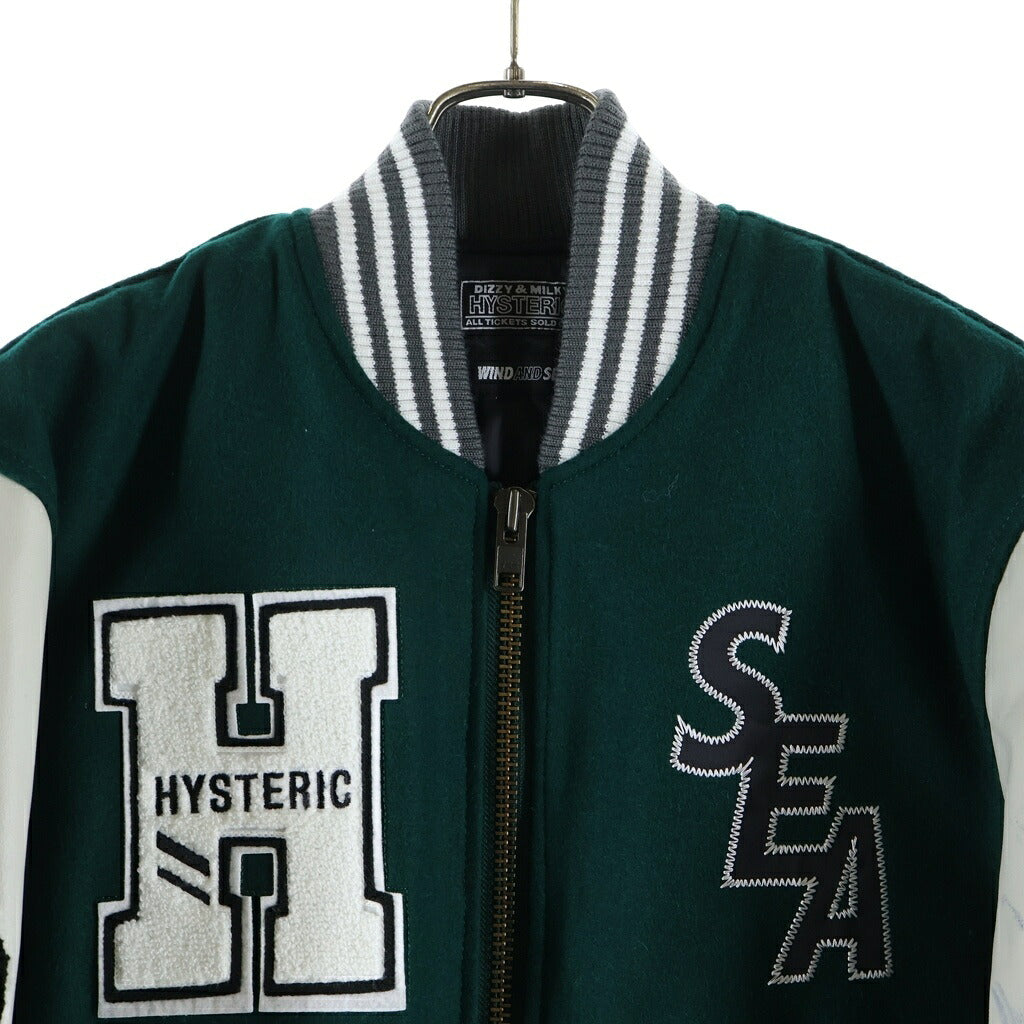 WIND AND SEA(ウィンダンシー) 21AW×HYSTERIC GLAMOUR TEAM STADIUM JACKET スタジャン バーシティジャケット アームレザー切替 グリーン/ホワイト WDS-HYS-3-01