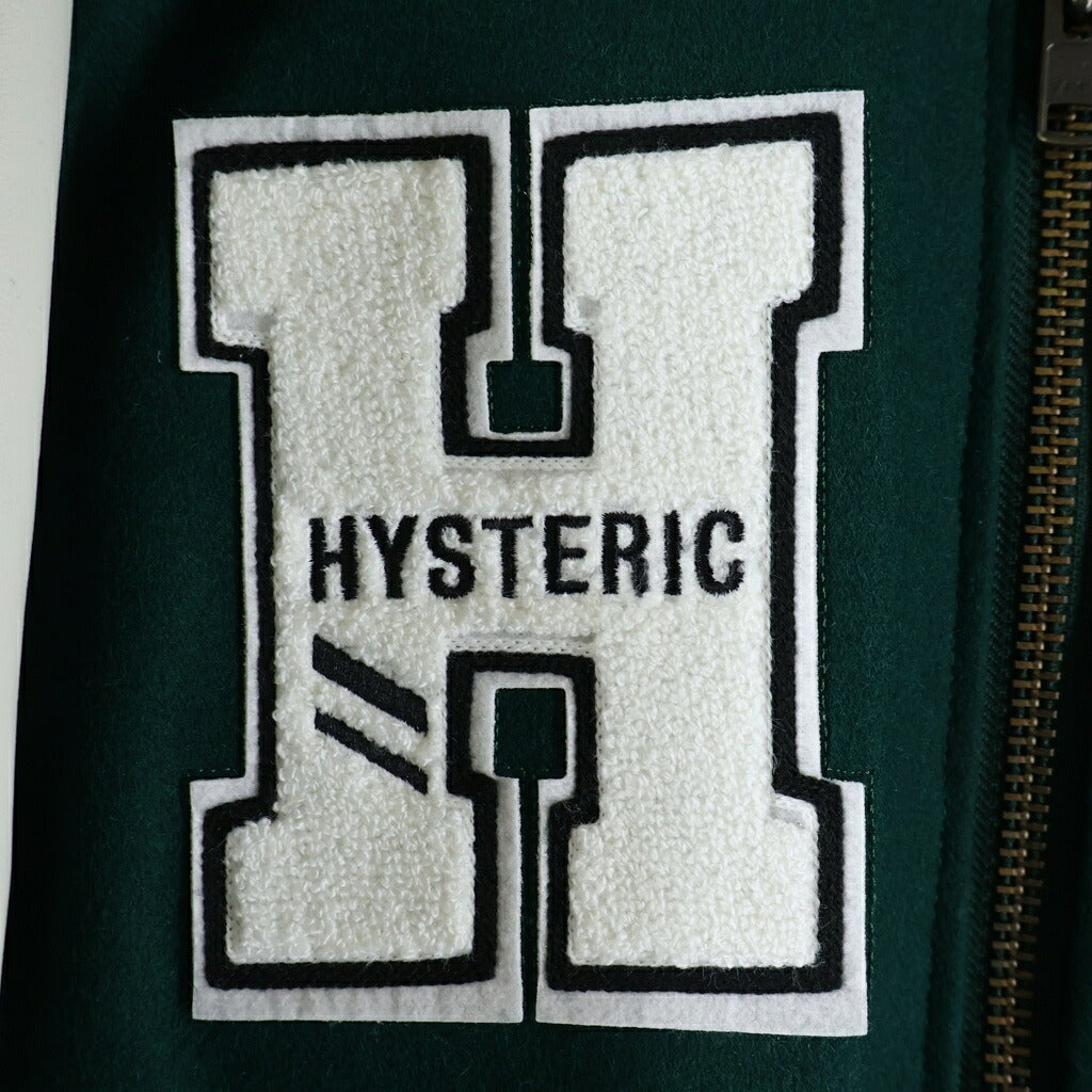 WIND AND SEA(ウィンダンシー) 21AW×HYSTERIC GLAMOUR TEAM STADIUM JACKET スタジャン バーシティジャケット アームレザー切替 グリーン/ホワイト WDS-HYS-3-01