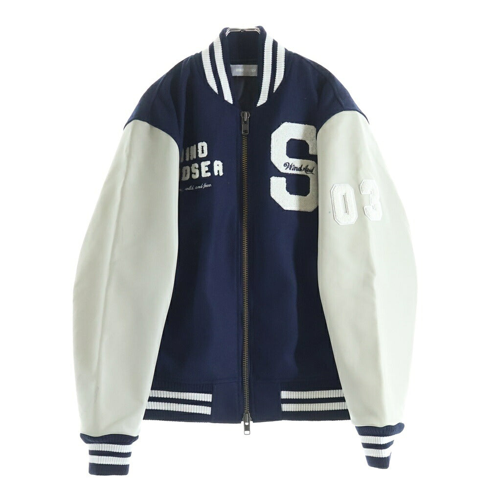 WIND AND SEA(ウィンダンシー) WIND AND BEYOUTH Varsity Jacket ワッペン 刺繍 スタジャン バーシティジャケット アームレザー切替 ネイビー/ホワイト WDS-BYT-RS-01