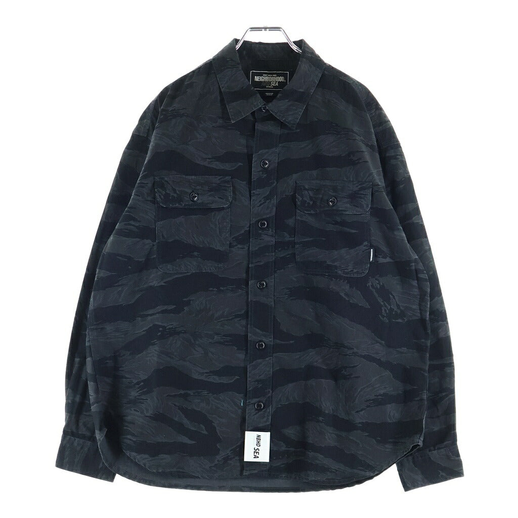 NEIGHBORHOOD(ネイバーフッド) 23SS×WIND AND SEA CAMOUFLAGE OFFICER SHIRT オフィサー 長袖シャツ カモ 迷彩 ブラック 231AQWSN-SHM02S