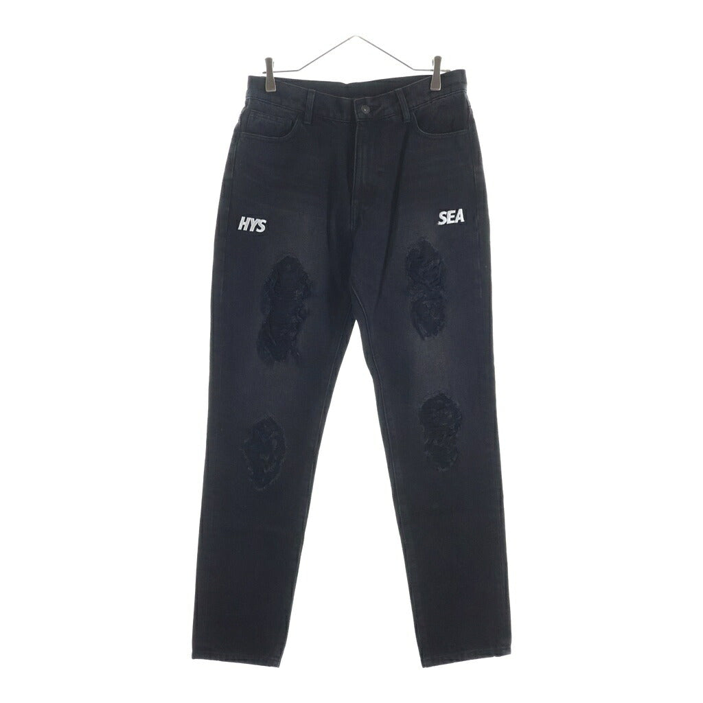 WIND AND SEA(ウィンダンシー) ×HYSTERIC GLAMOUR DAMAGED SKINNY DENIM PANTS ダメージスキニーデニムパンツダメージ加工 フロント刺繍 ブラック WDS-C-HYS-23-AP-Q1-06
