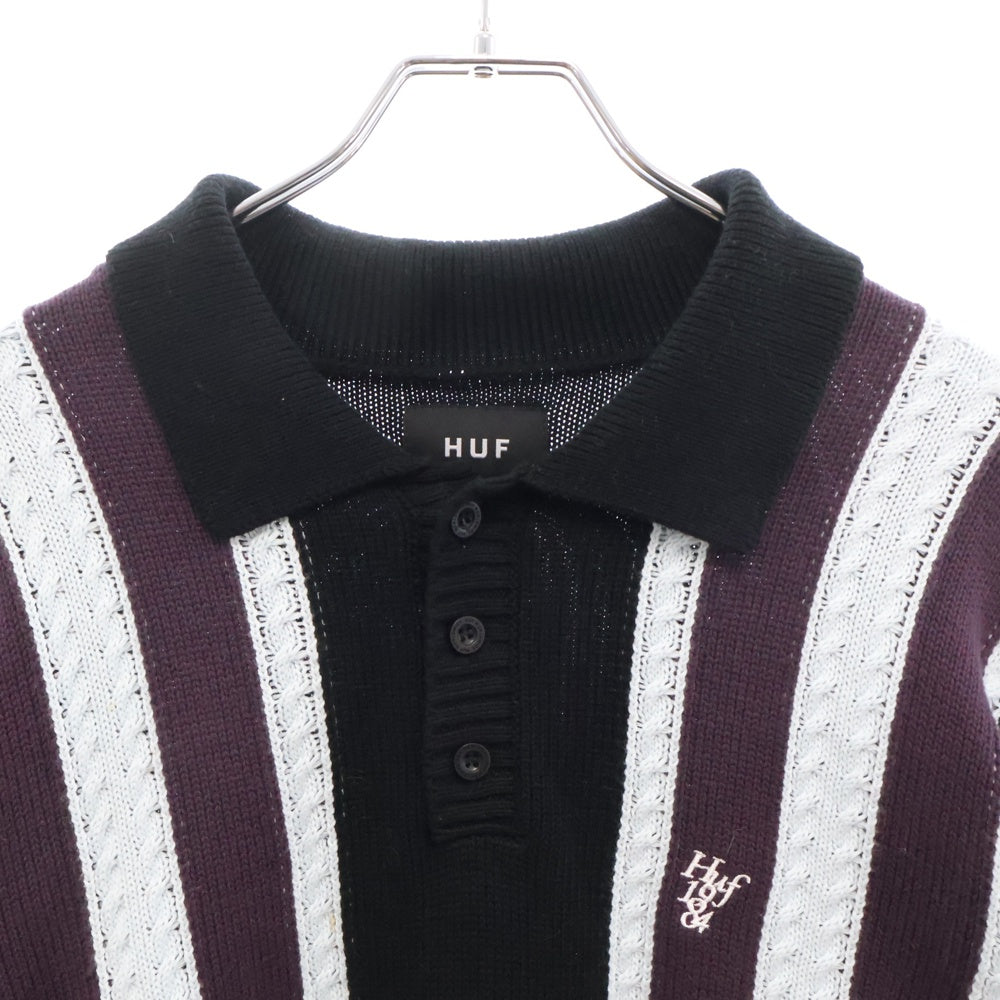 HUF(ハフ) CAMBRIDGE SWEATER ロゴ刺繍 ハーフボタン ケンブリッジ 長袖ニット ポロシャツ マルチ KN00524