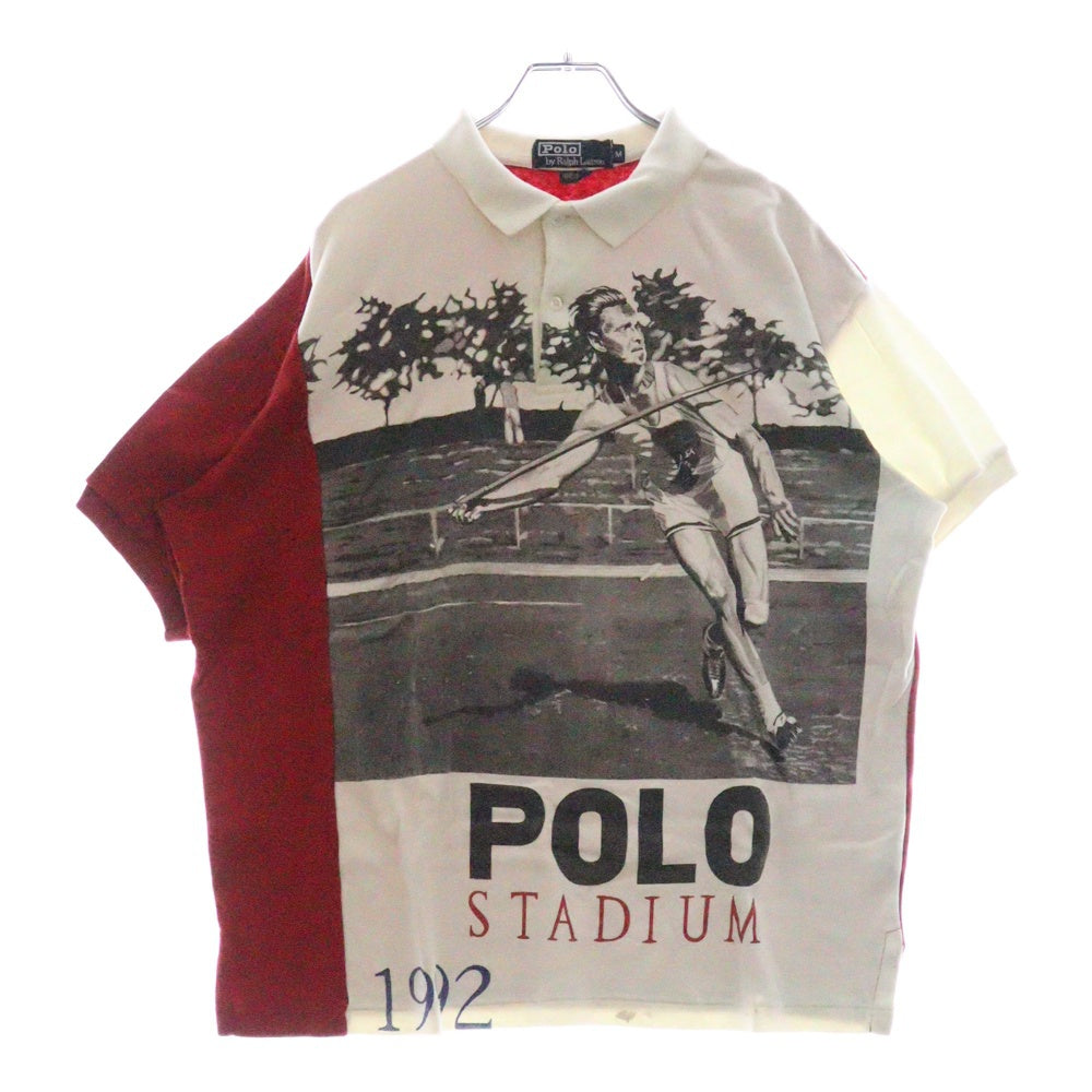 POLO RALPH LAUREN(ポロラルフローレン) 1992 STADIUM POLO SHIRT オリジナル スタジアムコレクション 槍投げ ハーフボタン 半袖ポロシャツ ショートスリーブ ホワイト/レッド