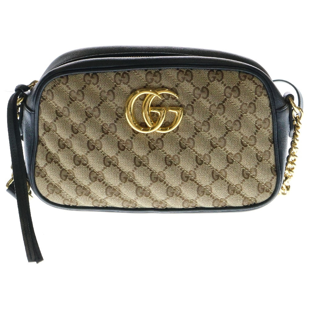 GUCCI(グッチ) GGマーモント キルティング チェーンショルダーバッグ ベージュ×ブラック キャンバス×レザー ゴールド金具 447632