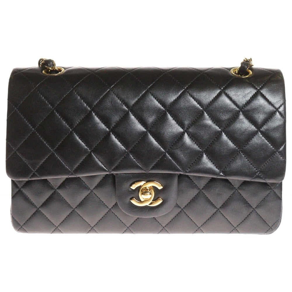 CHANEL(シャネル) マトラッセ25 Wフラップ Wチェーンショルダーバッグ 黒 ラムスキン GD金具