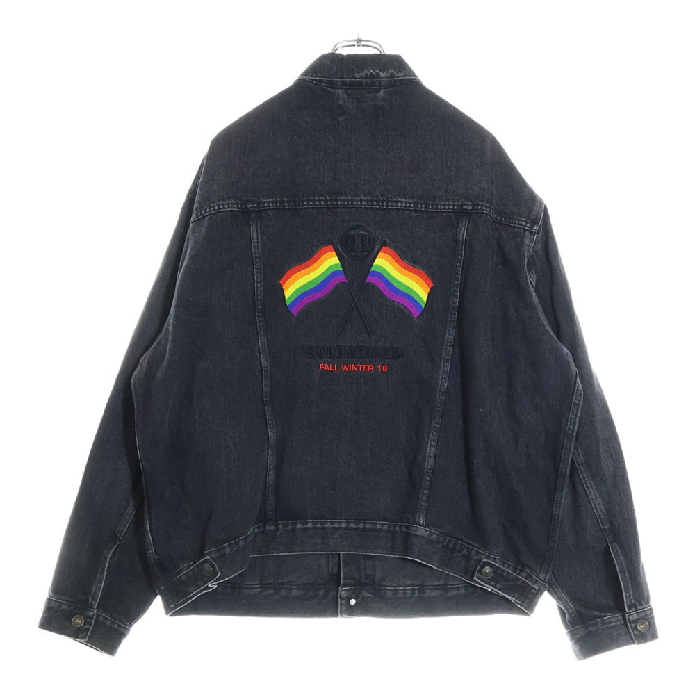 BALENCIAGA(バレンシアガ) 18AW Race Flag レースフラッグ刺繍 デニムジャケット インディゴブラック 544596 TXE03