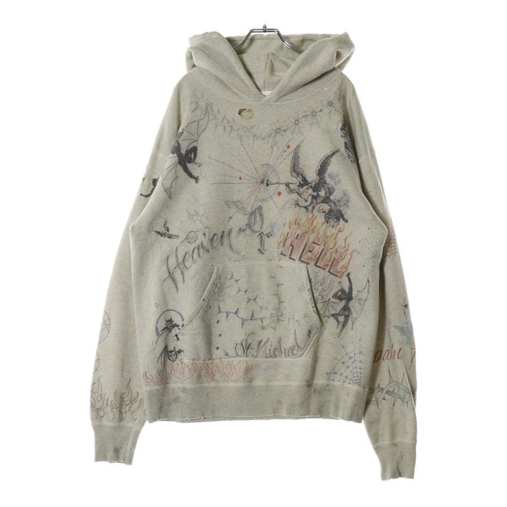 SAINT MICHAEL(セントマイケル) 21AW ×Dr.Woo HOODIE ドクターウー フーディ ペイントデザイン ヴィンテージ加工 プルオーバースウェットパーカー ベージュ SM-A21-0000-056