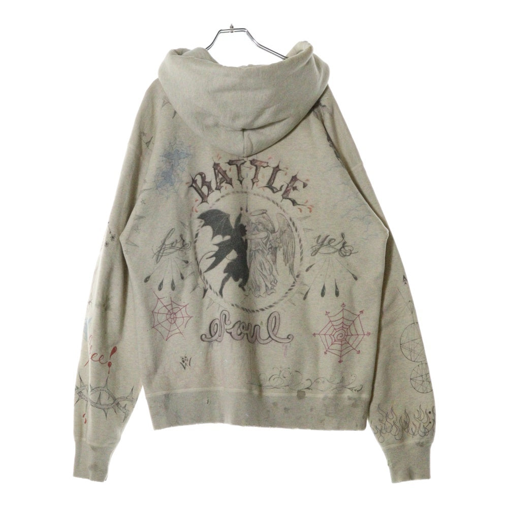 SAINT MICHAEL(セントマイケル) 21AW ×Dr.Woo HOODIE ドクターウー フーディ ペイントデザイン ヴィンテージ加工 プルオーバースウェットパーカー ベージュ SM-A21-0000-056