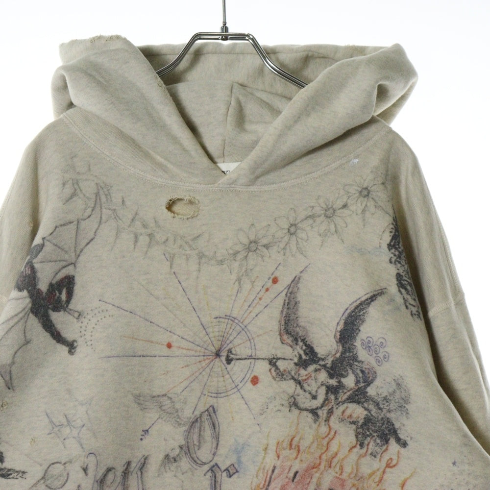 SAINT MICHAEL(セントマイケル) 21AW ×Dr.Woo HOODIE ドクターウー フーディ ペイントデザイン ヴィンテージ加工 プルオーバースウェットパーカー ベージュ SM-A21-0000-056