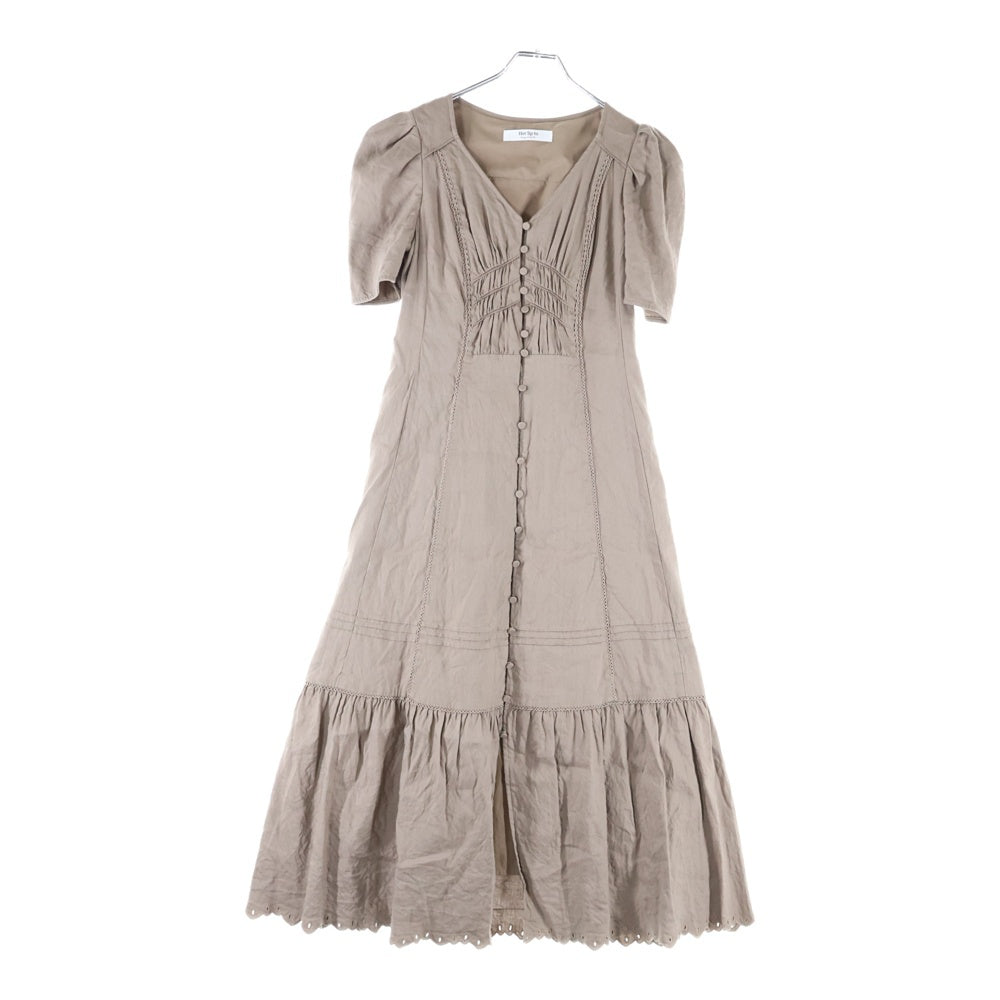 NO BRAND(ノーブランド) リネン 半袖 ロングワンピース ブラウン