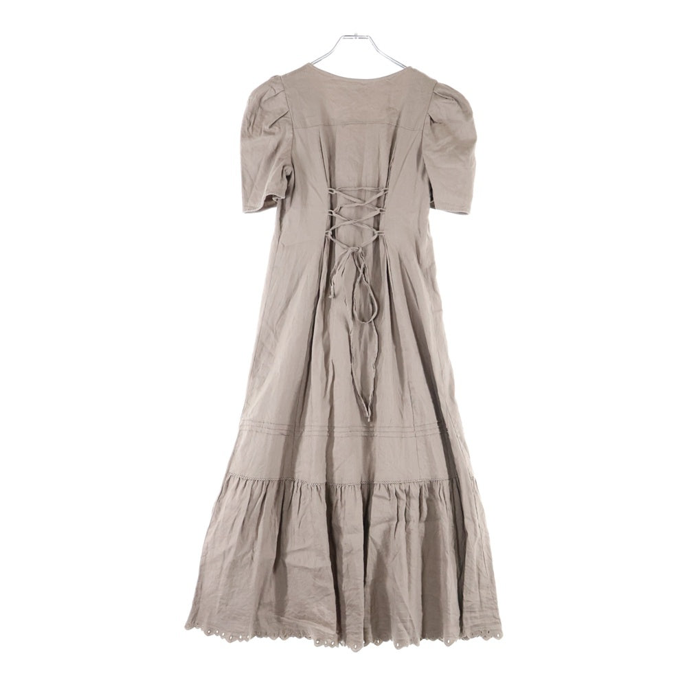 NO BRAND(ノーブランド) リネン 半袖 ロングワンピース ブラウン