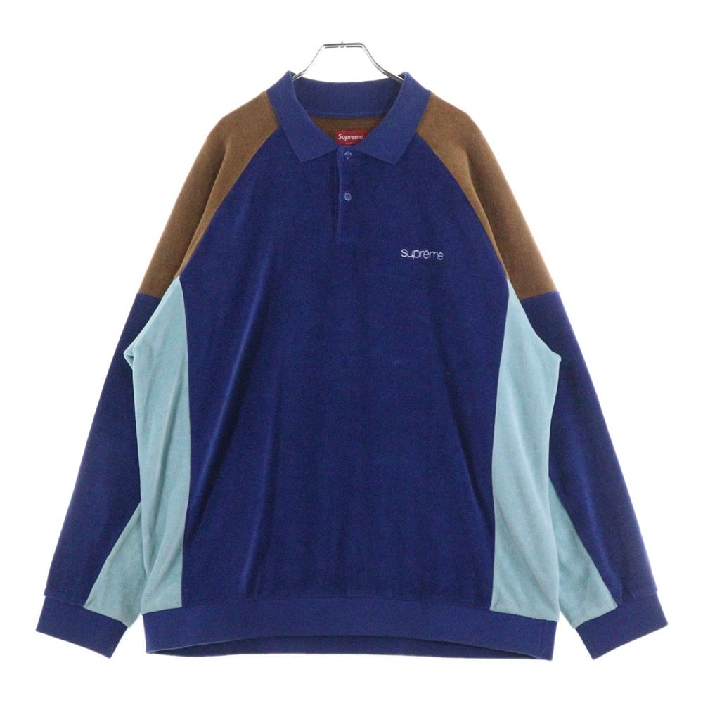 SUPREME(シュプリーム) 22AW Paneled Velour L/S Polo パネル ロゴ刺繍 ベロア 長袖シャツ ロングスリーブ ブルー/ブラウン