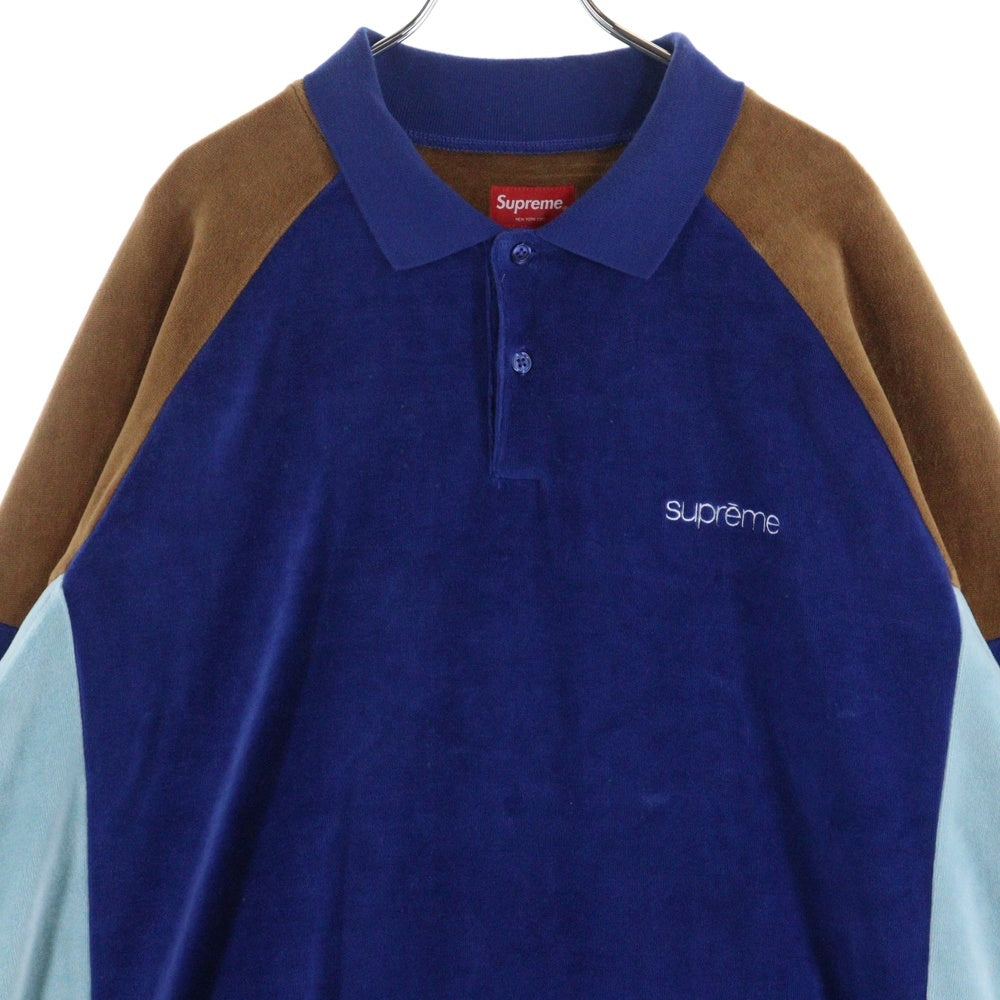SUPREME(シュプリーム) 22AW Paneled Velour L/S Polo パネル ロゴ刺繍 ベロア 長袖シャツ ロングスリーブ ブルー/ブラウン