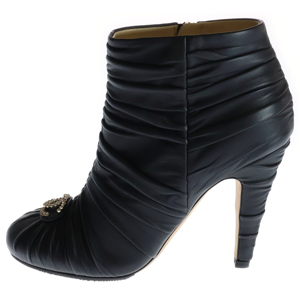 CHANEL(シャネル) Ruched Satin Crystal CC Short Boots ルーシュ サテン クリスタル CC ショートブーツ レザー ブラック レディース