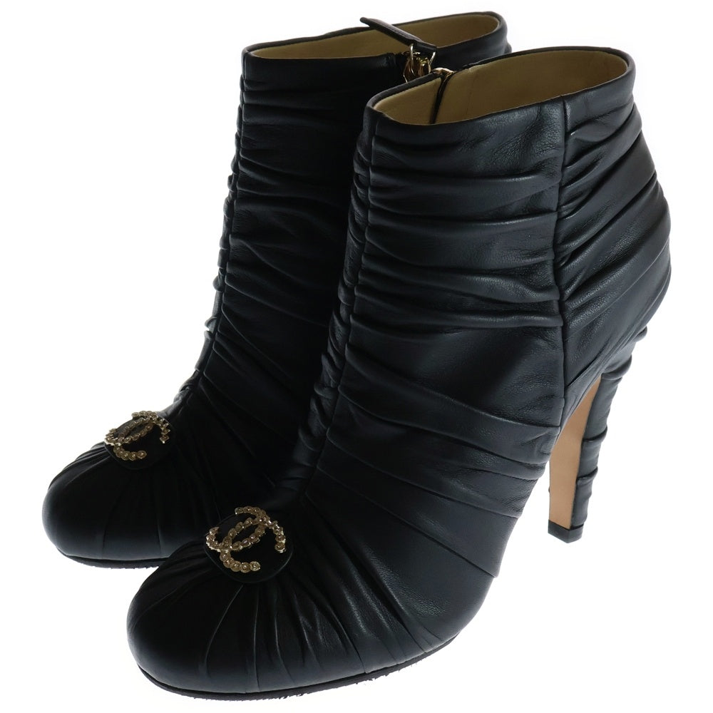CHANEL(シャネル) Ruched Satin Crystal CC Short Boots ルーシュ サテン クリスタル CC ショートブーツ レザー ブラック レディース