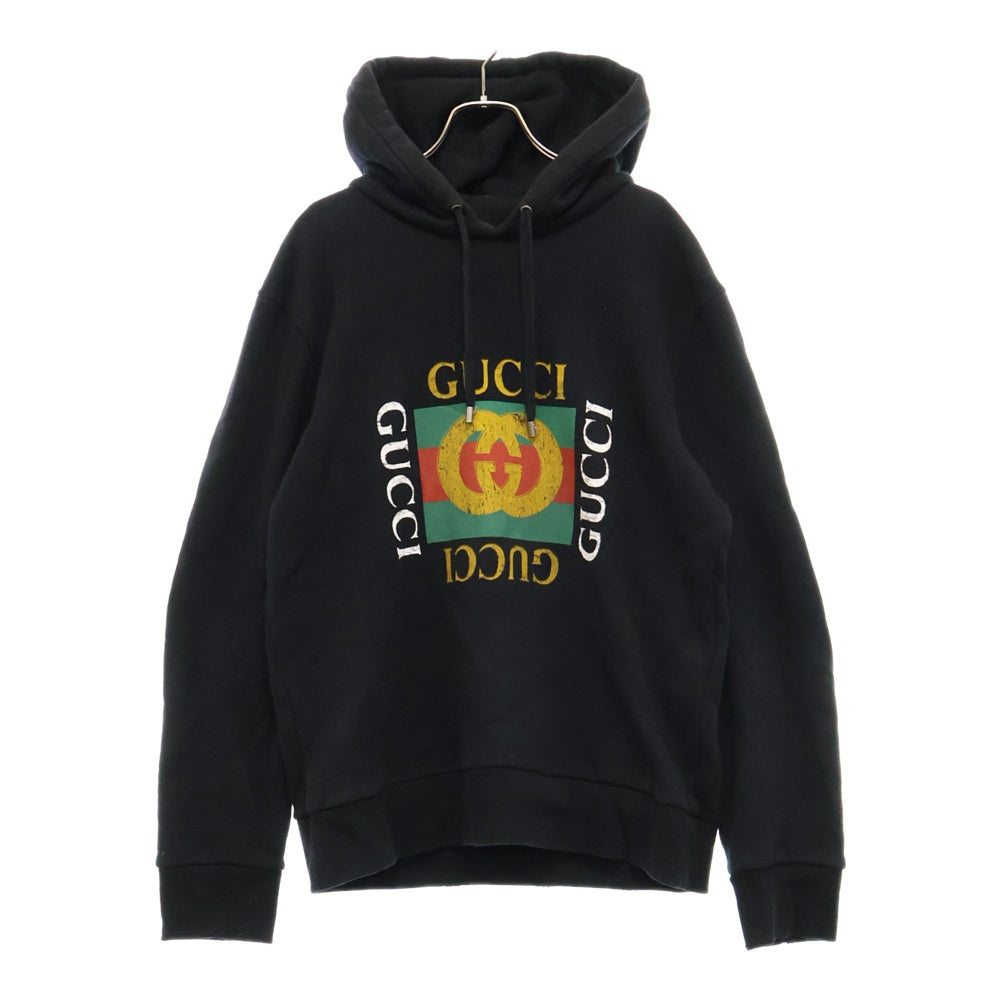 GUCCI(グッチ) USED加工オールドロゴプリントプルオーバーパーカー 454585 X5J57 ブラック
