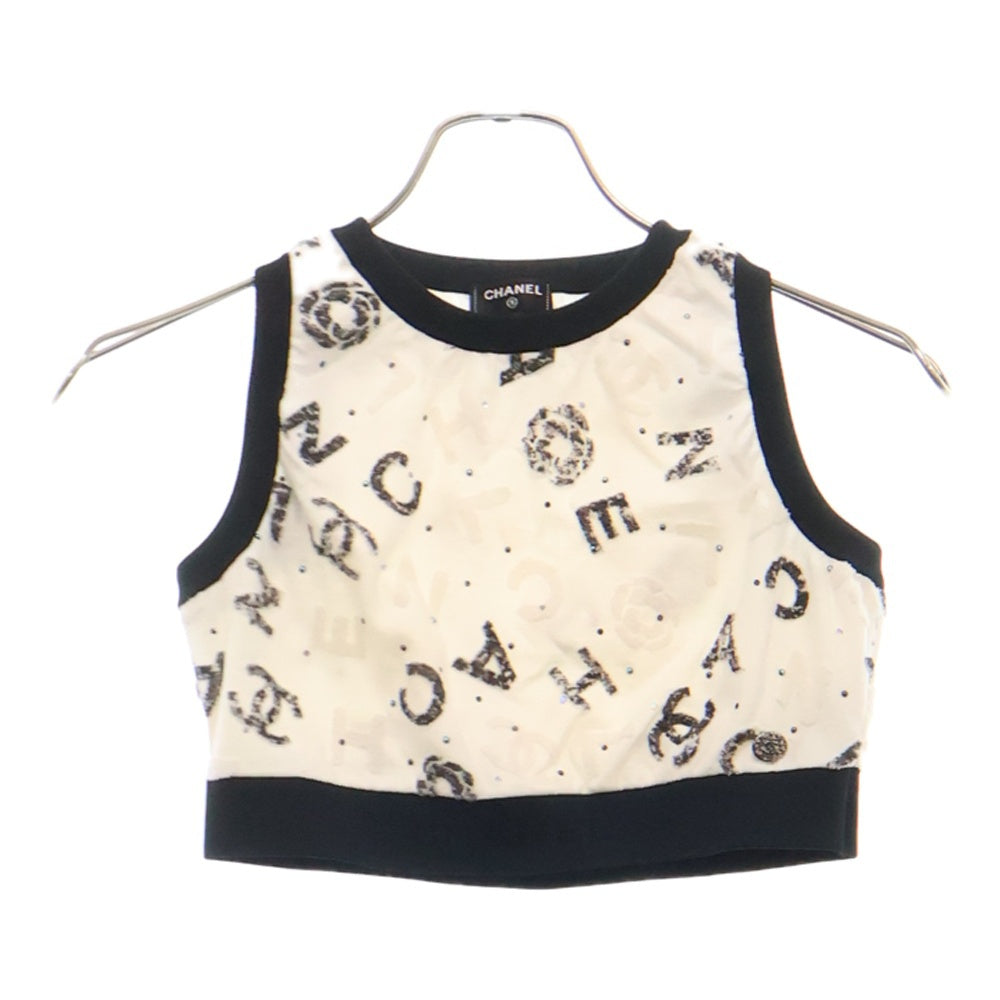 CHANEL(シャネル) 22SS Runway Cropped Tops 総柄 ランウェイ クロップド ノースリーブ カットソー ブラック/ホワイト レディース