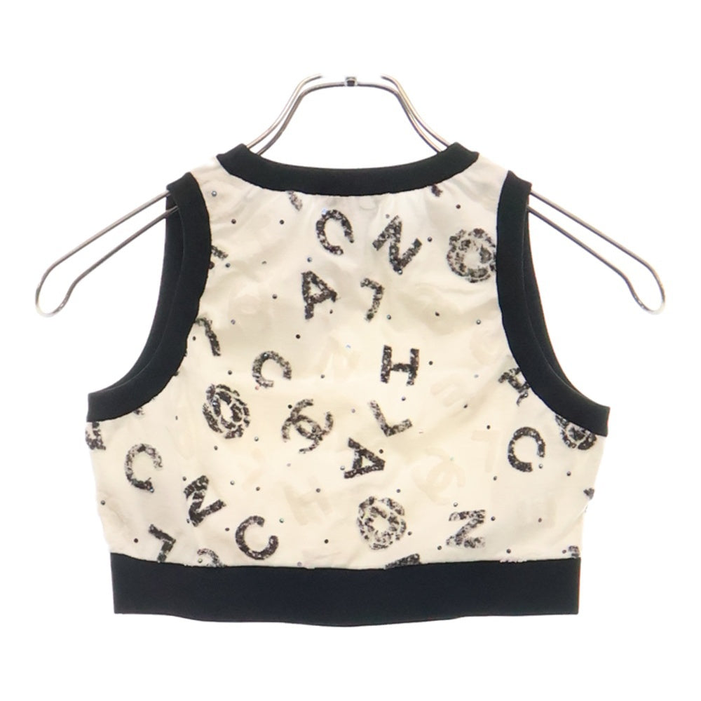 CHANEL(シャネル) 22SS Runway Cropped Tops 総柄 ランウェイ クロップド ノースリーブ カットソー ブラック/ホワイト レディース