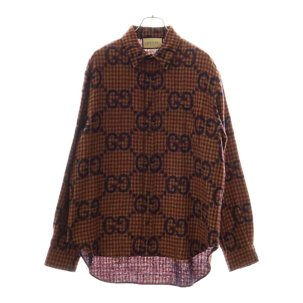 GUCCI(グッチ) マキシ GG ギンガムウール 長袖シャツ 総柄 ブラウン/レッド 756842 ZAOBM