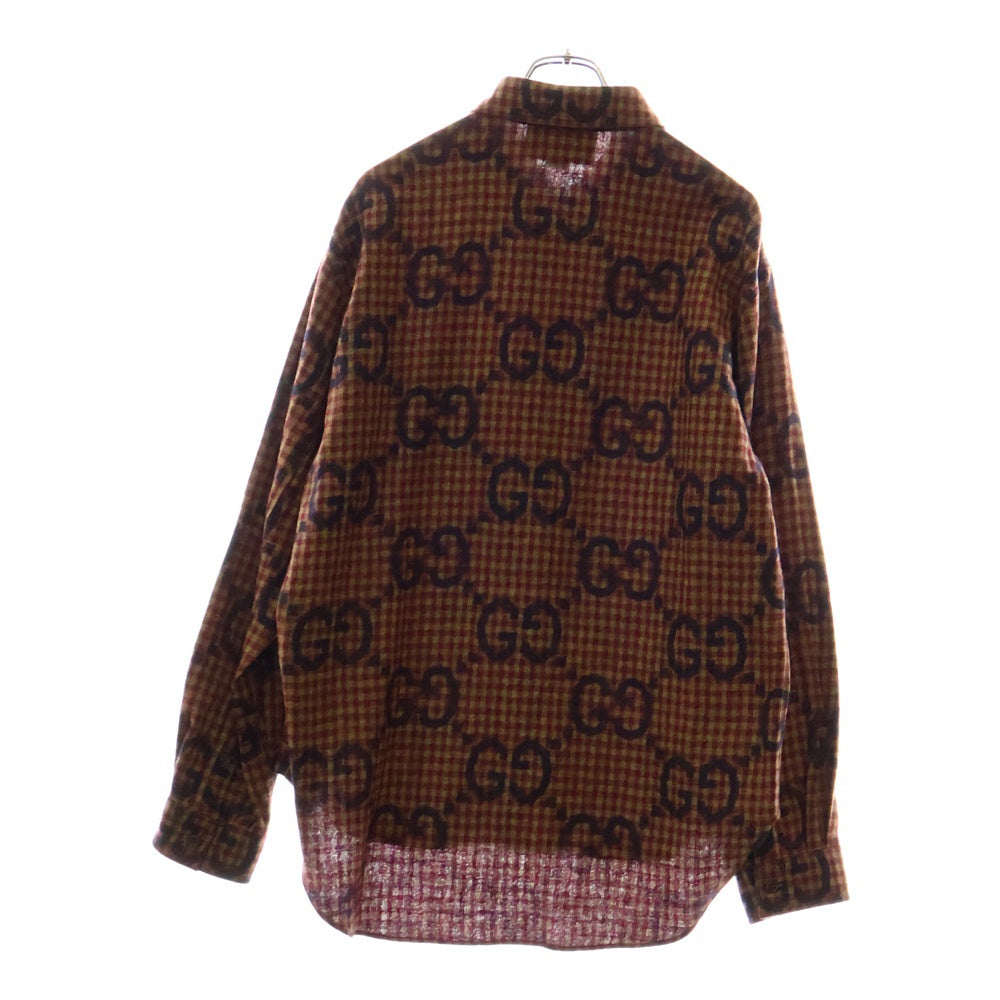 GUCCI(グッチ) マキシ GG ギンガムウール 長袖シャツ 総柄 ブラウン/レッド 756842 ZAOBM