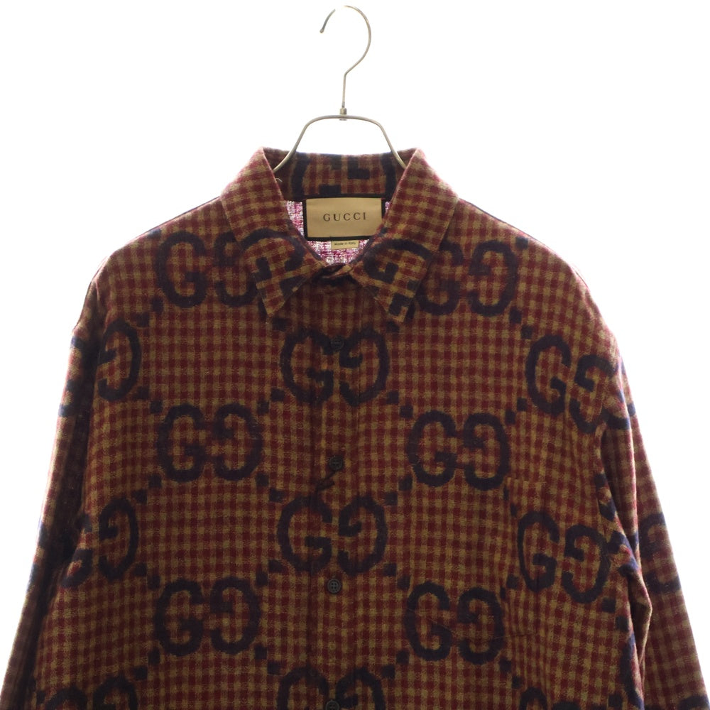 GUCCI(グッチ) マキシ GG ギンガムウール 長袖シャツ 総柄 ブラウン/レッド 756842 ZAOBM