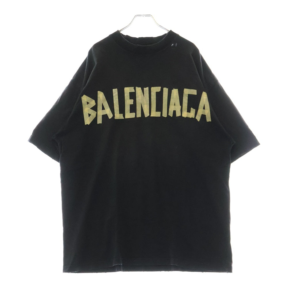 BALENCIAGA(バレンシアガ) 23SS ユーズド加工 テープロゴ 半袖Tシャツ 739784 ブラック