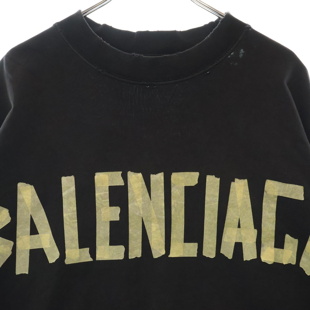 BALENCIAGA(バレンシアガ) 23SS ユーズド加工 テープロゴ 半袖Tシャツ 739784 ブラック