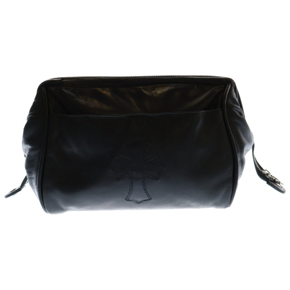 CHROME HEARTS(クロムハーツ) COSMETIC POUCH クロスパッチ付き ダガージップ 化粧ポーチ レザー ブラック
