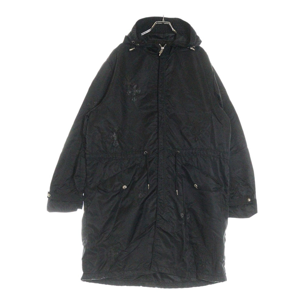 CHROME HEARTS(クロムハーツ) PUDDLES セメタリークロスパッチジップアップナイロンフーデッドコート モッズコート ブラック パドルス