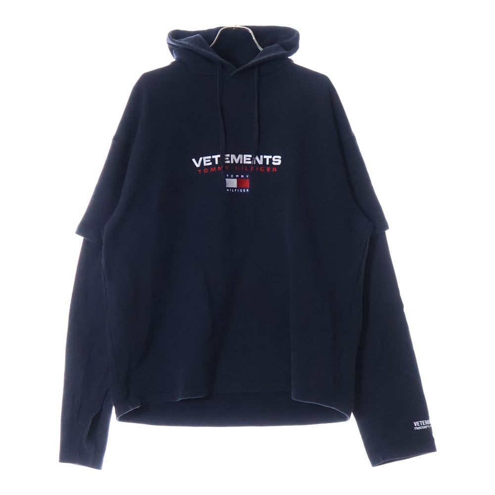 VETEMENTS(ヴェトモン) 18SS × TOMMY HILFIGER Double Sleeves Hoodie トミーヒルフィガー ダブルスリーブ プルオーバーフーディー パーカー ブラック WSS18TR24