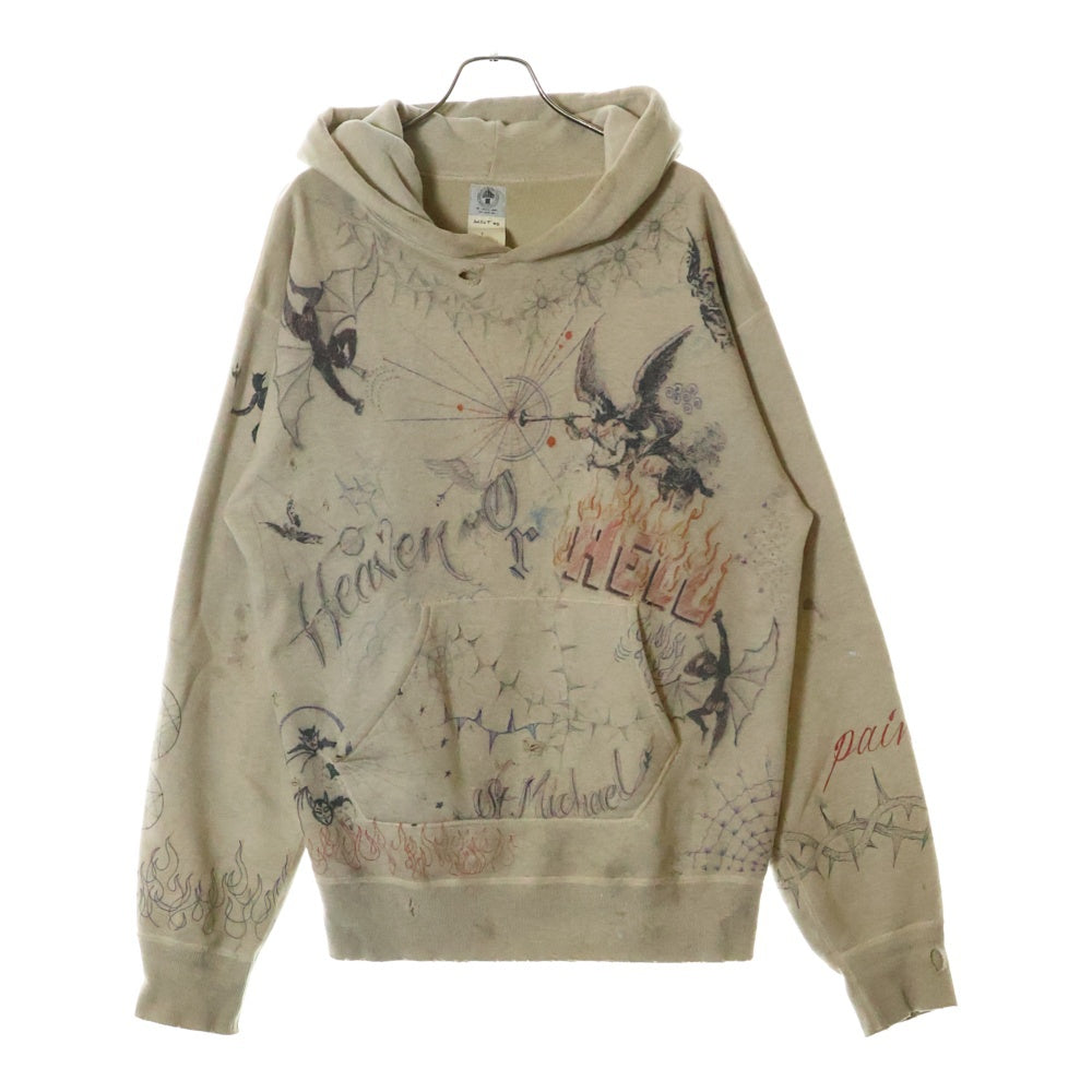 SAINT MICHAEL(セントマイケル) 21AW ×Dr.Woo HOODIE ドクターウー フーディ ペイントデザイン ヴィンテージ加工 プルオーバースウェットパーカー ベージュ SM-A21-0000-056