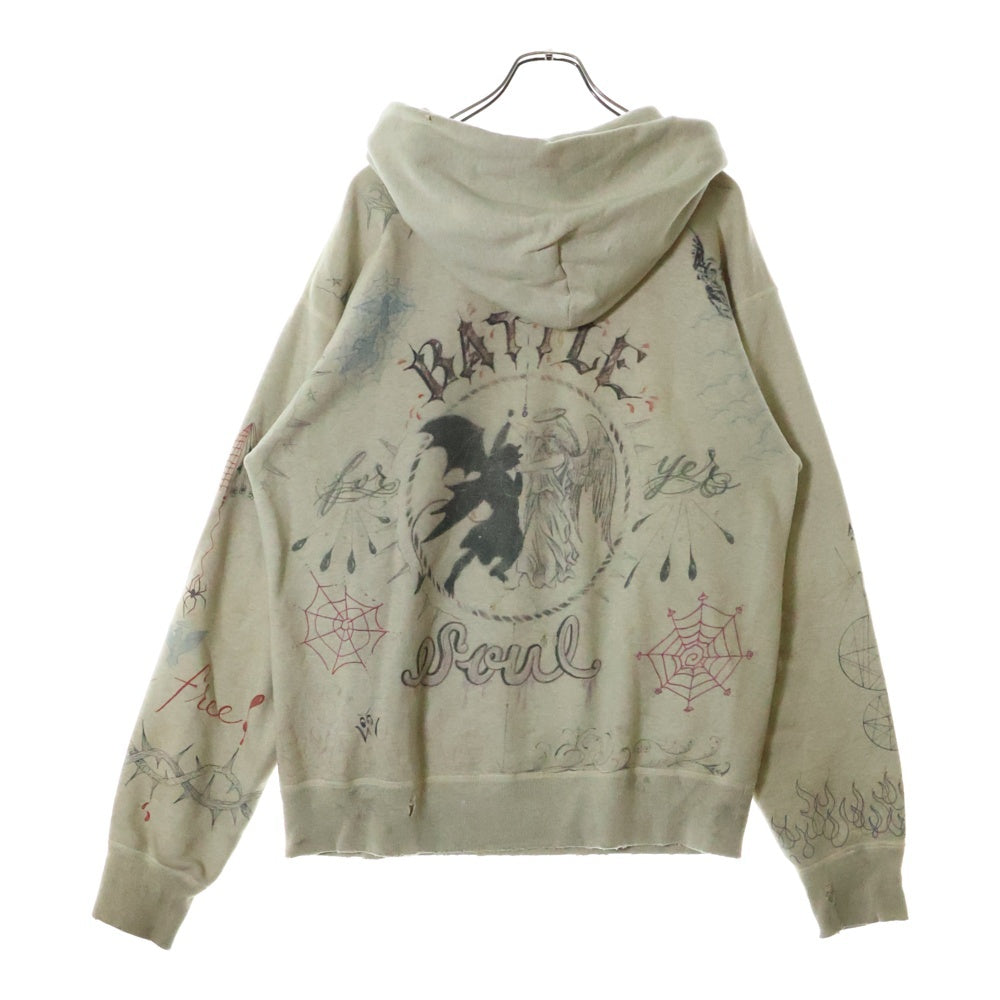 SAINT MICHAEL(セントマイケル) 21AW ×Dr.Woo HOODIE ドクターウー フーディ ペイントデザイン ヴィンテージ加工 プルオーバースウェットパーカー ベージュ SM-A21-0000-056