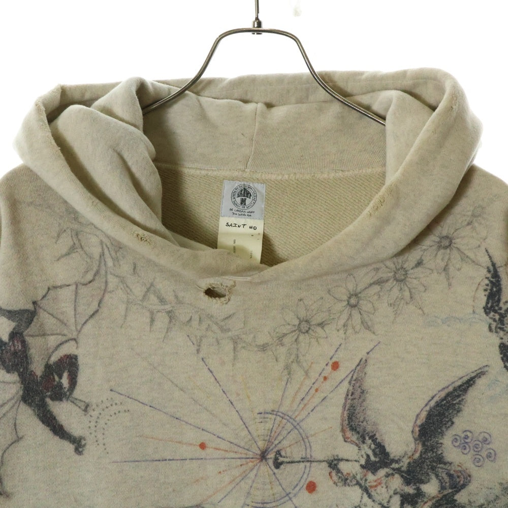 SAINT MICHAEL(セントマイケル) 21AW ×Dr.Woo HOODIE ドクターウー フーディ ペイントデザイン ヴィンテージ加工 プルオーバースウェットパーカー ベージュ SM-A21-0000-056