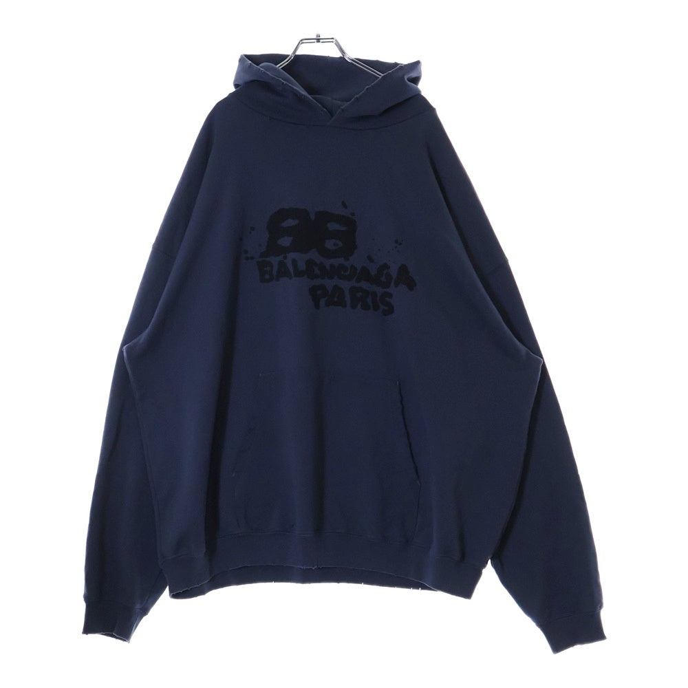 BALENCIAGA(バレンシアガ) 23SS Hand Drawn BB Icon Hoodieダメージ加工ロゴ オーバーサイズ プルオーバーパーカー T07 620973TNVQ1 1059 ネイビー