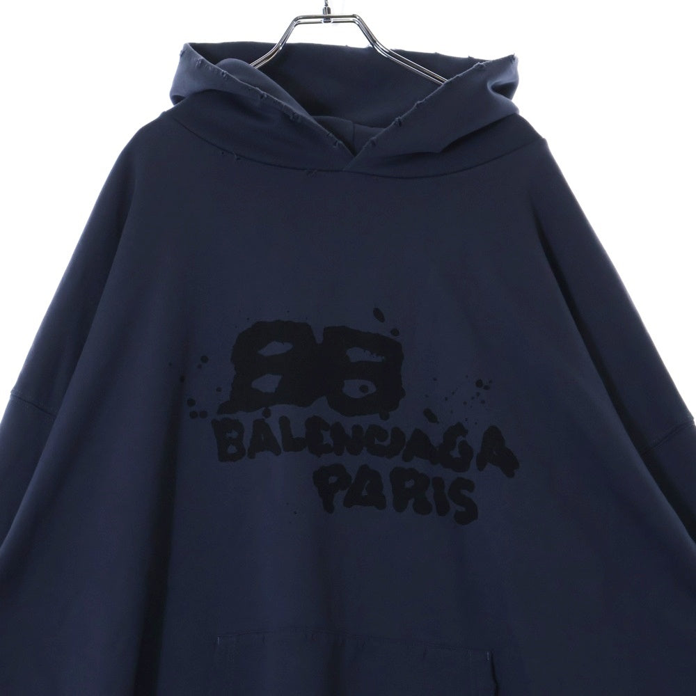 BALENCIAGA(バレンシアガ) 23SS Hand Drawn BB Icon Hoodieダメージ加工ロゴ オーバーサイズ プルオーバーパーカー T07 620973TNVQ1 1059 ネイビー