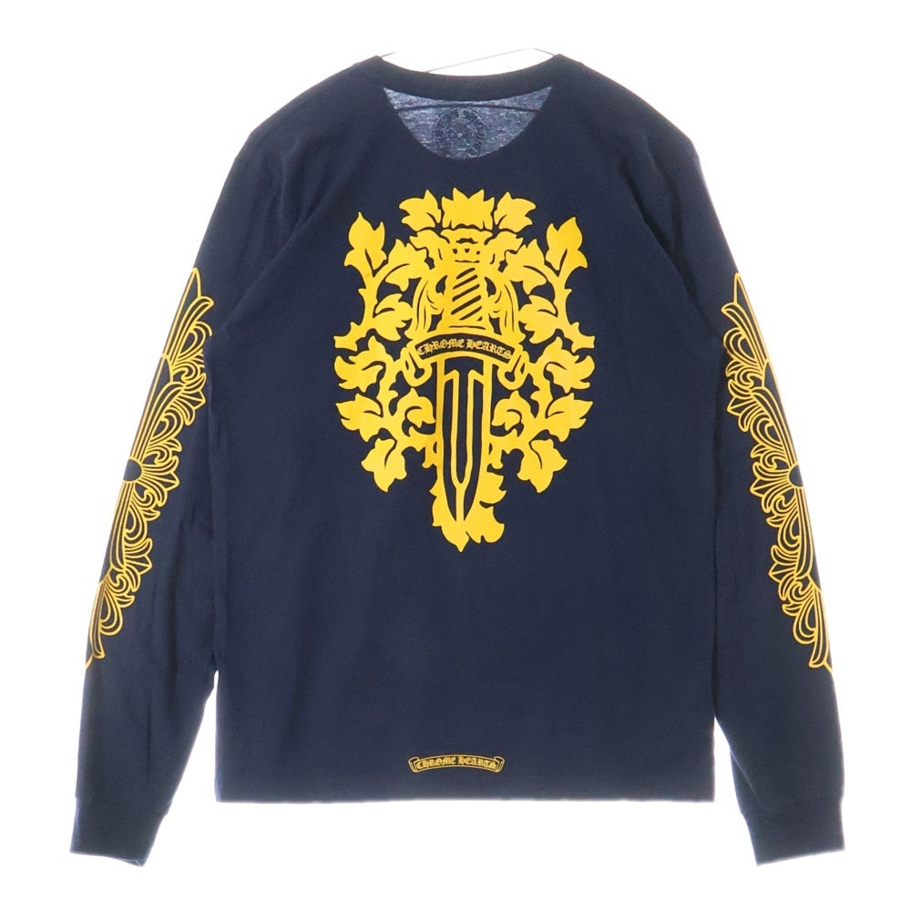 CHROME HEARTS(クロムハーツ) YELLOW DAGGER L/S フロントイエローダガー 袖フローラルクロスプリント 長袖Tシャツカットソー ネイビー/イエロー